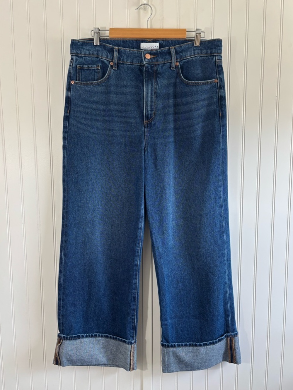 Talbots Loft Wide Leg Cropped Jeans Cuffed Hem High Rise Size 12 Cotton Relaxed - Picture 3 of 13